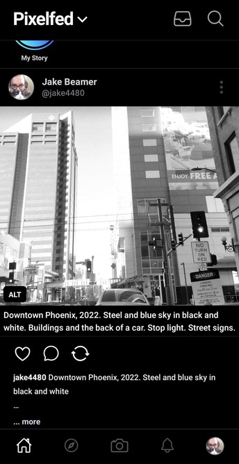 A post I did on the Pixelfed app on my S21. Top & bottom of app visible in dark mode. 